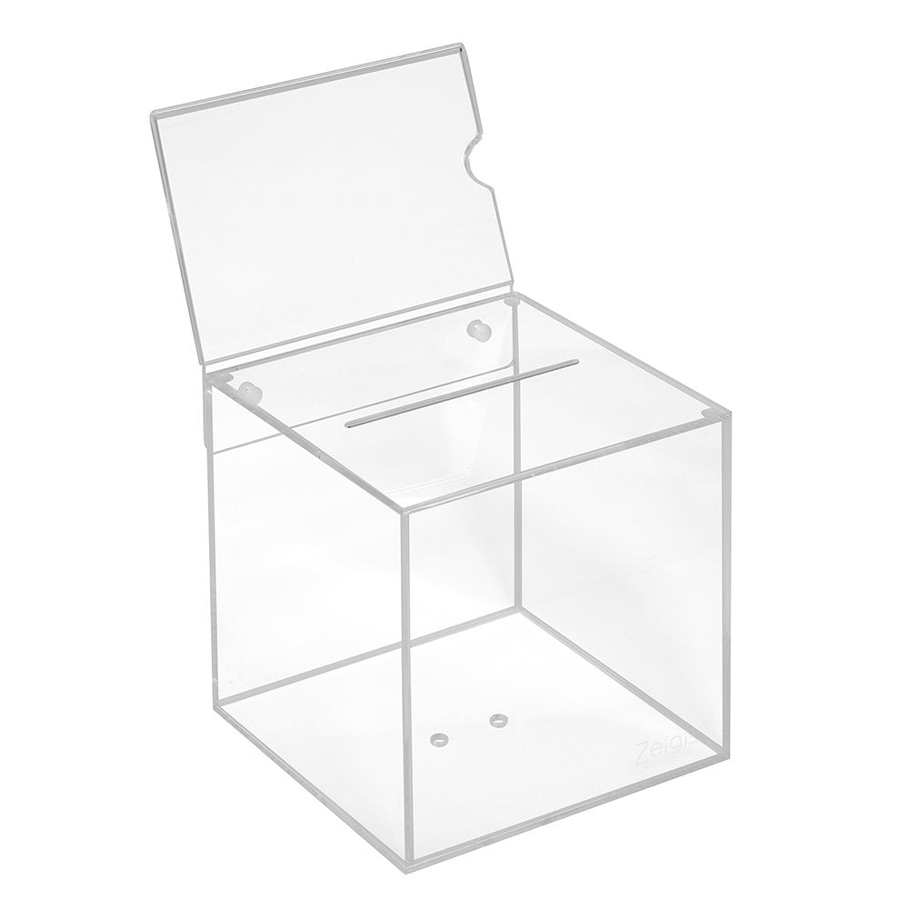 Losbox aus Acrylglas in 150x150x150mm mit Topschild DIN A6 Quer - Zeigis® / Spendenbox/Aktionsbox/Ge