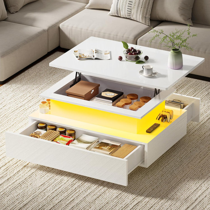 DWVO Couchtisch Hochglanz mit Schublade, Wohnzimmertisch Höhenverstellbar Modern mit 16-farbigem LED