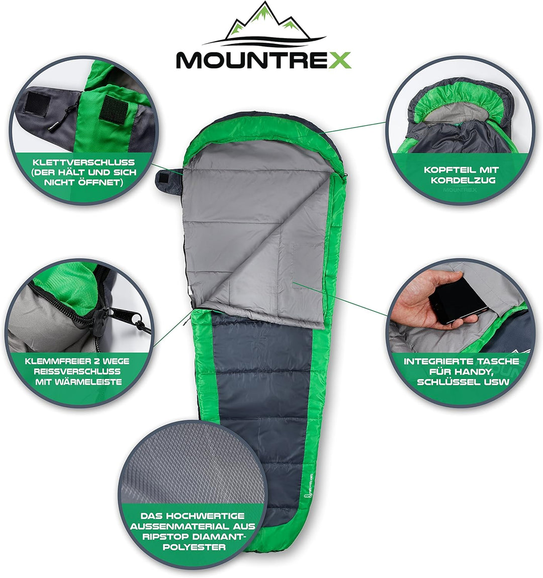 MOUNTREX Schlafsack +10°C / +20°C – Ultraleicht &amp; Kompakt (850g) - Outdoor Sommerschlafsack - Mumien