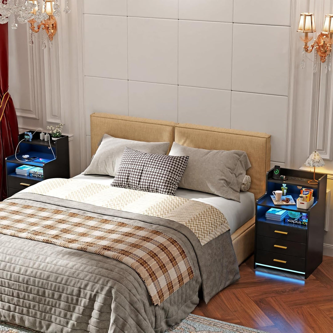 PIPIPOXER 2er Set Nachttisch mit Steckdose und Ladefunktion,Nachtschrank mit 3 Schubladen und 16 Far