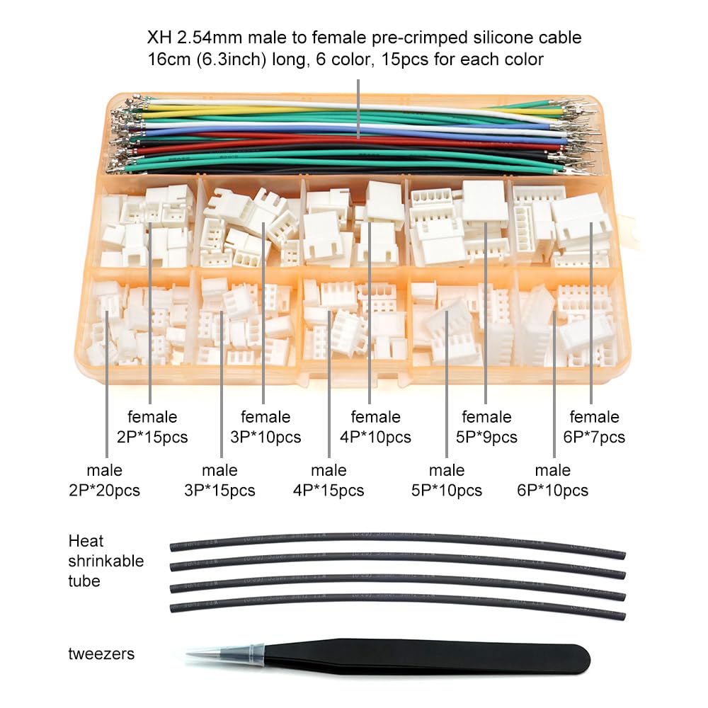 XH 2,54 mm Stecker-Set, JST XH kompatibel, 2,5 mm Rasterung, männlich, weiblich, Stecker und 22 AWG
