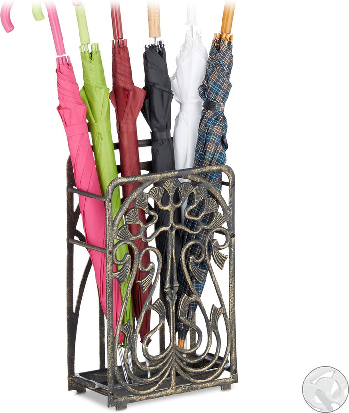 Relaxdays Schirmständer, rechteckig, mit Auffangschale, Gusseisen, Vintage Regenschirmhalter, 48,5x3