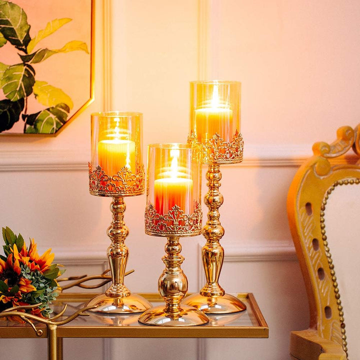 NUPTIO Säulenkerzenhalter mit Glas, 3er Set Hurricane-Kerzenhalter aus Gold Moderne Wohnkultur Gesch