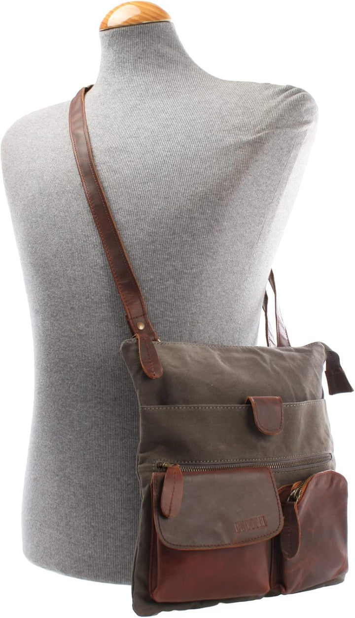 LECONI Umhängetasche Canvas &amp; Leder kleine Schultertasche Handtasche Damen + Herren Vintage Retro St