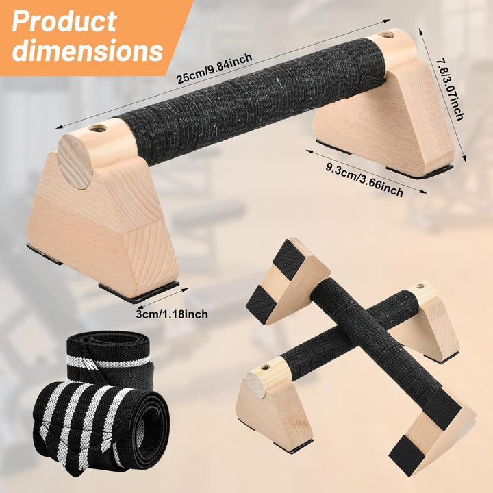 Liegestützgriffe Holz mit Handgelenkbandagen, 2 Stück 25cm Push Up Bars, Gelenkschonende Parallettes