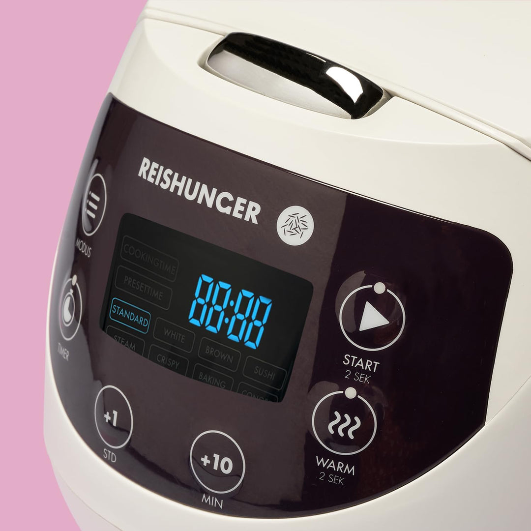 Digitaler Reishunger Mini Reiskocher und Dampfgarer in Weiss - Warmhaltefunktion, Timer & Premium To