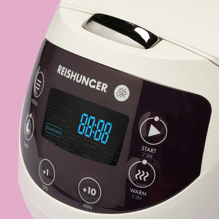 Digitaler Reishunger Mini Reiskocher und Dampfgarer in Weiss - Warmhaltefunktion, Timer & Premium To