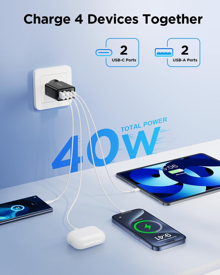 2-Pack USB C Stecker, 40W 4-Port Netzteil USBC Ladegerät Mehrfach mit PD+QC, Adapter USB-C Fast Char