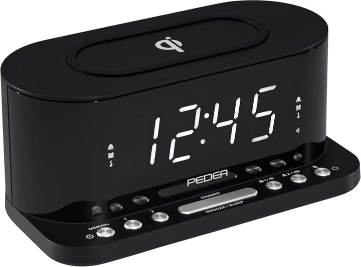 PEDEA FM Radiowecker mit induktiver QI-Ladefunktion und dimmbarem Display, Snooze, Dual Alarm und Sl