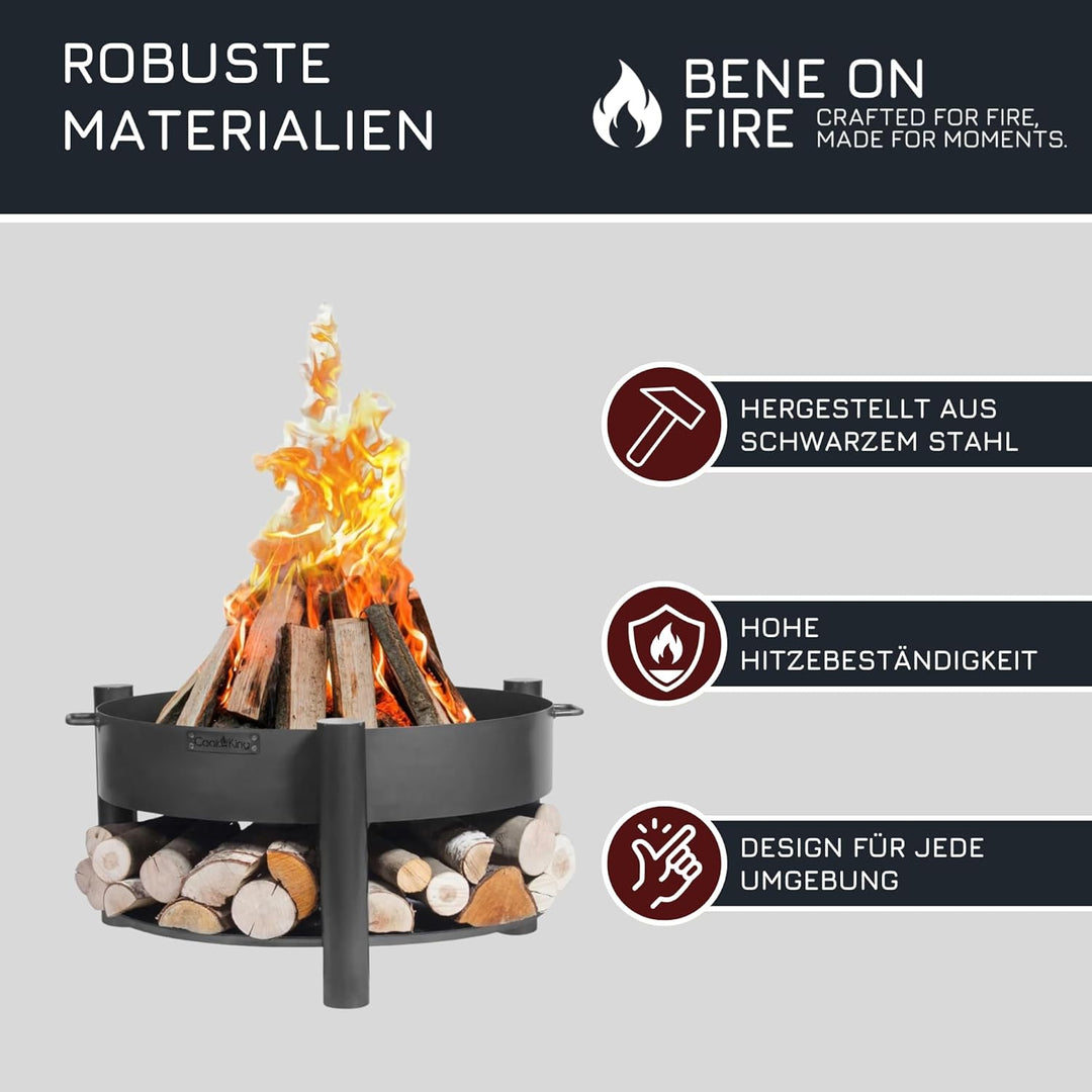 BENE ON FIRE Feuerschale Ø 60 cm rund mit Griffen & Holzstauraum Washington | Feuerkorb aus robustem