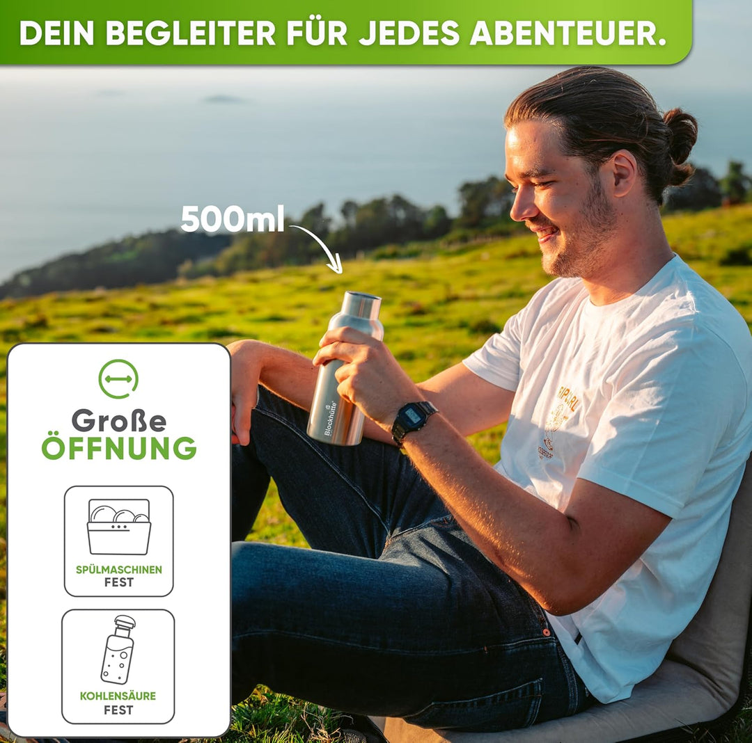 Blockhütte Premium Edelstahl Trinkflasche isoliert I 500ml I mit Flaschenbürste I Die iso Trinkflasc