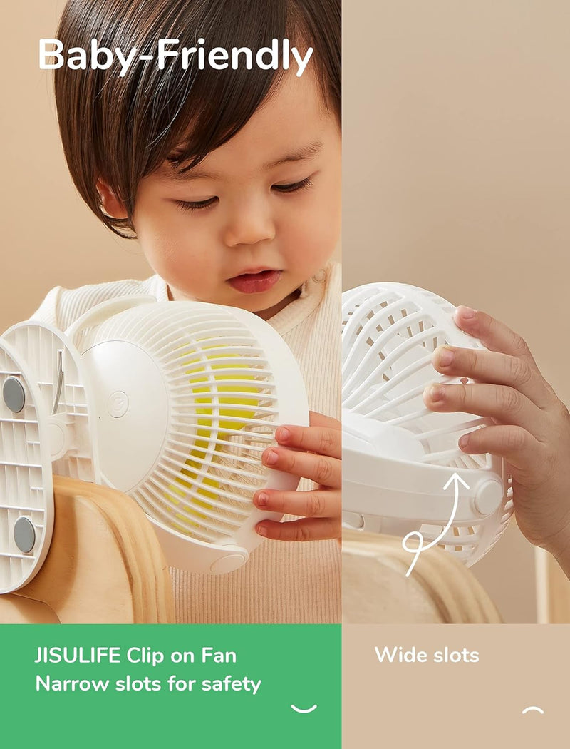 JISULIFE Mini USB Ventilator, Clip Akku Tischventilator Sehr Leise Klein mit 4000mAh Batterie, 4 Ges