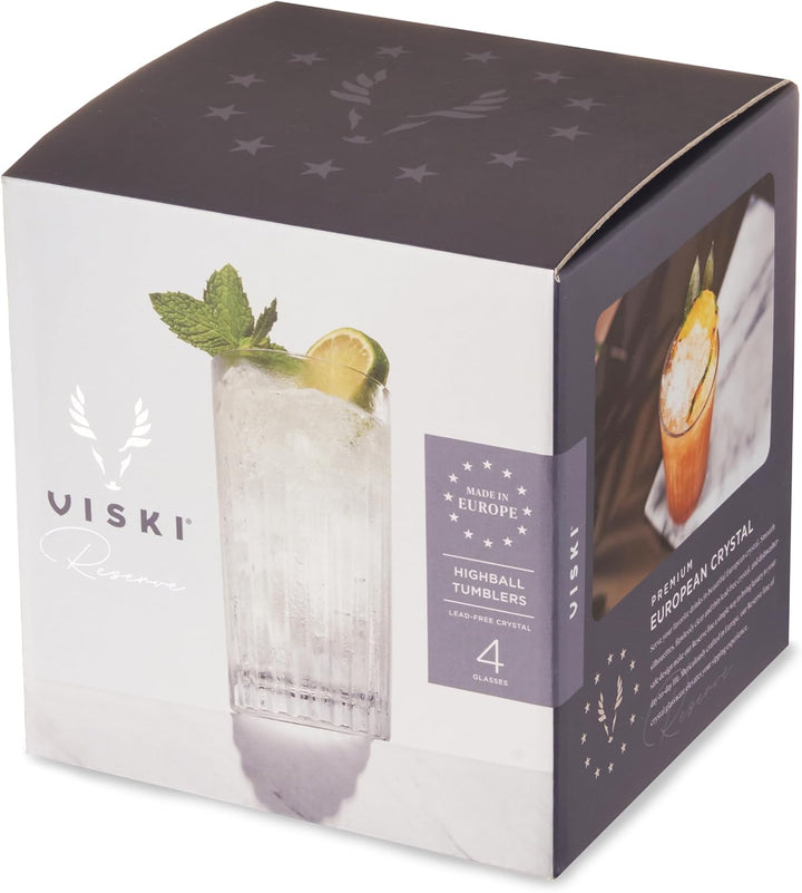 Viski Reserve European Highball-Tumbler, 4 Cocktailgläser aus bleifreiem Kristallglas, Glaswaren Mad