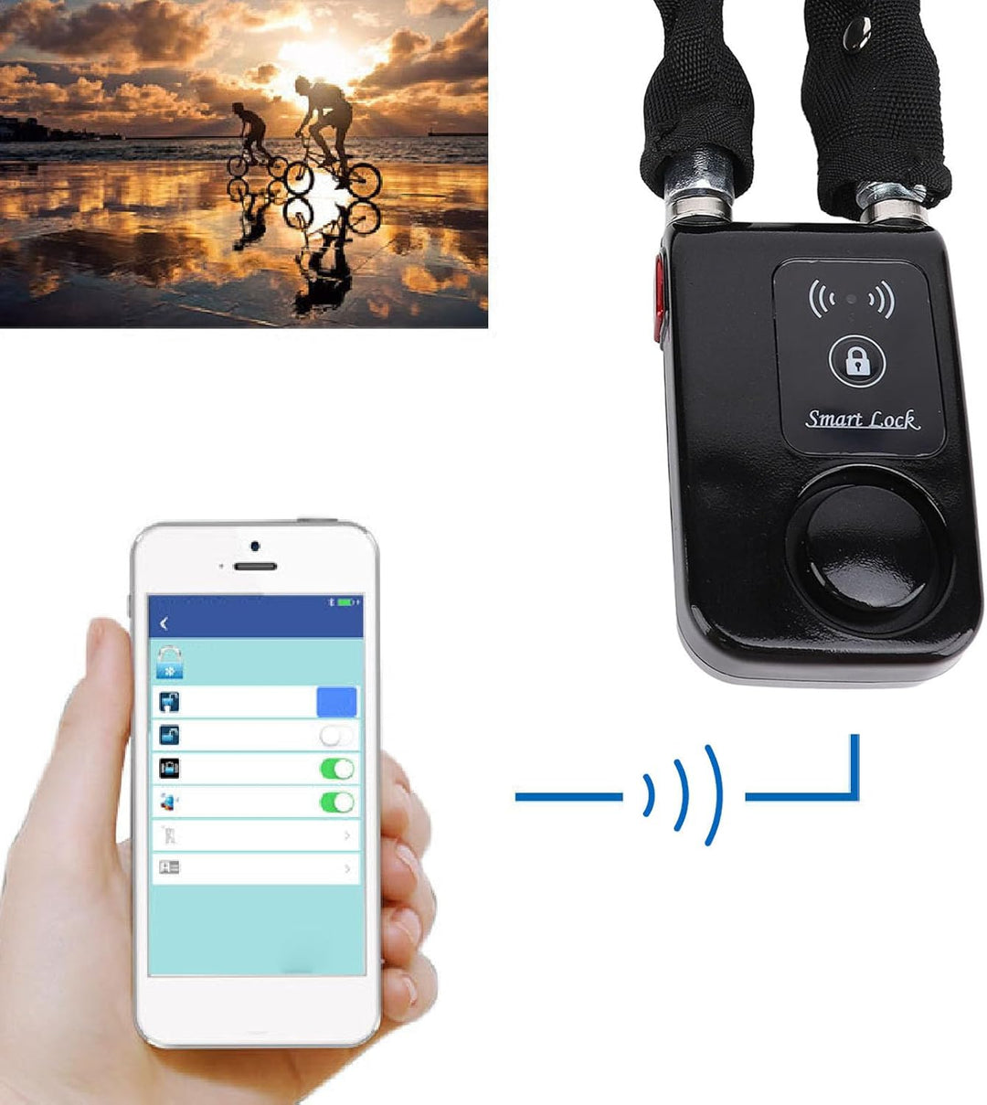Bluetooth Kettenschloss, APP Steuerung, Fahrradschloss mit Vibrationsalarmfunktion, Wasserdichtes Sc