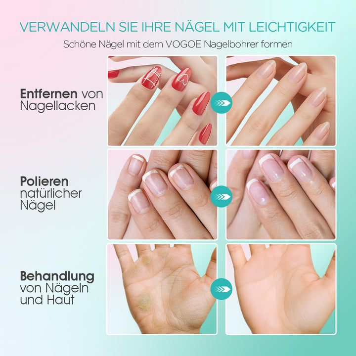 VOGOE Elektrische Nagelfeile, Kabelloser Nagelfräser mit LED-Licht, Einstellbare Geschwindigkeit & 2