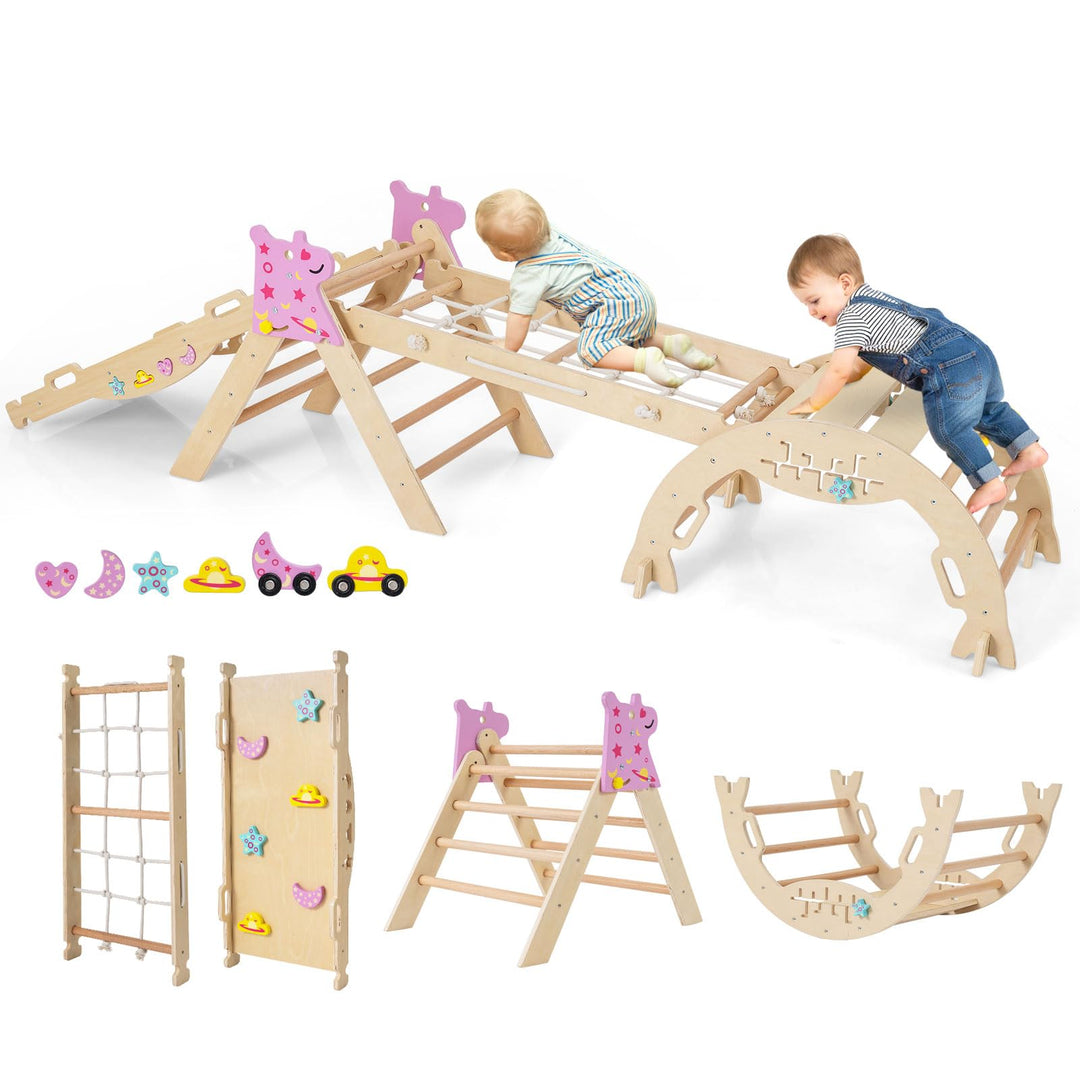 COSTWAY Klettergerüst Indoor 4er Set, klappabres Kletterdreieck mit Rutsche, Kletterbogen, Netz, ink