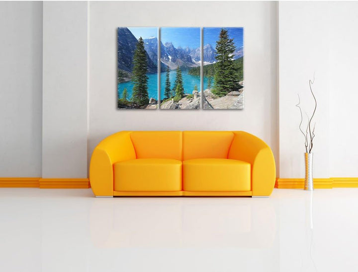 Pixxprint Moraine Lake kanadische Berge Kunst Buntstift Effekt 3-Teiler Leinwandbild 120x80 Bild auf