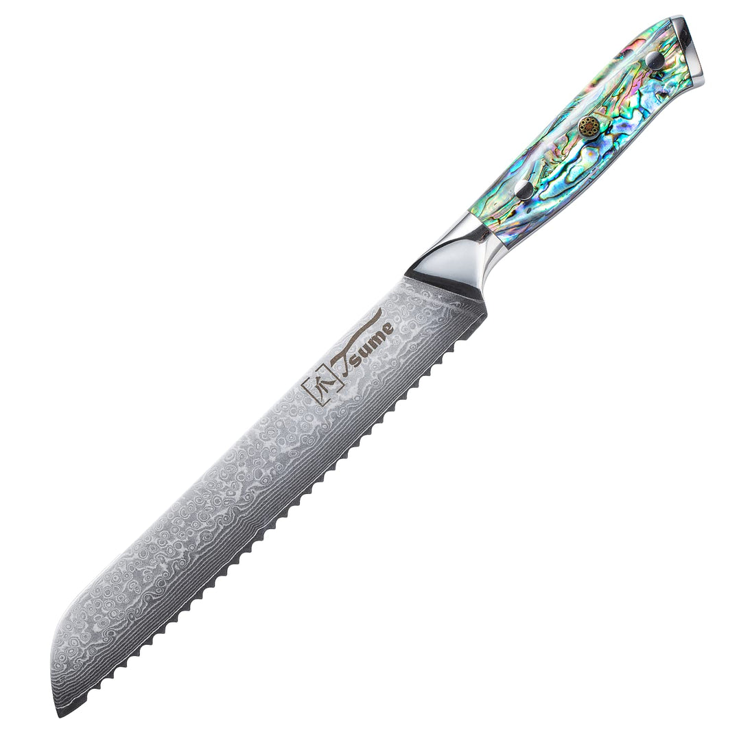 Tsume Brotmesser Abalone, Klingenlänge 19cm, Echtes Damast Küchenmesser mit Perlmuttplatten, 67 Schi