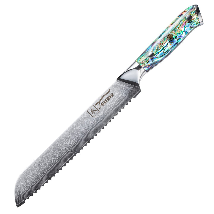 Tsume Brotmesser Abalone, Klingenlänge 19cm, Echtes Damast Küchenmesser mit Perlmuttplatten, 67 Schi