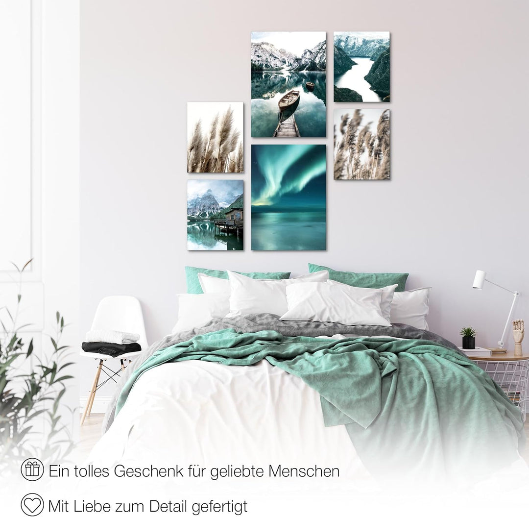 Novart Wandbilder Set Natur Berge See Aurora Grün - KEIN EXTRA RAHMEN BENÖTIGT - Modern Deko - Wohnz