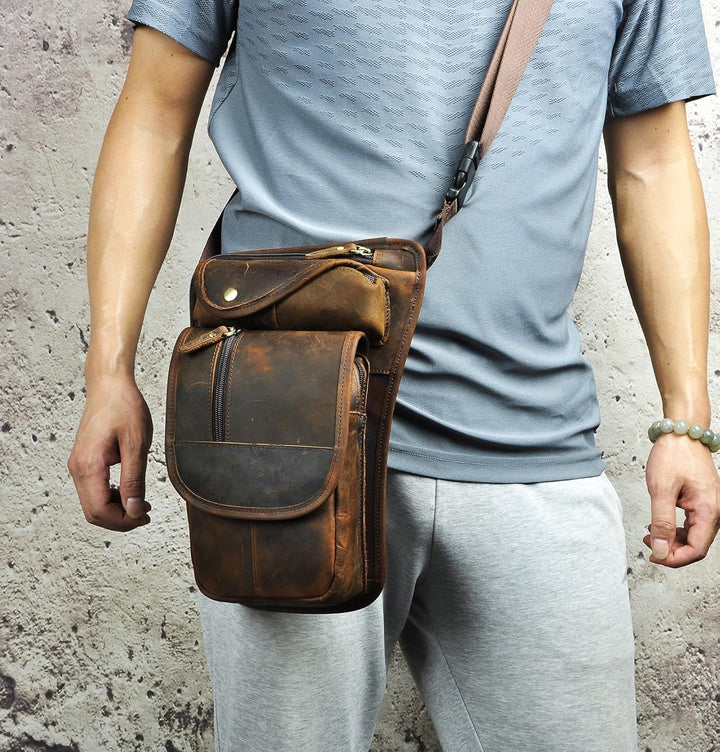 Le'aokuu Herren Echtes Leder Tasche Beinbeutel Beintasche Aussenbeintasche Drop Leg Thigh Bag Lassig