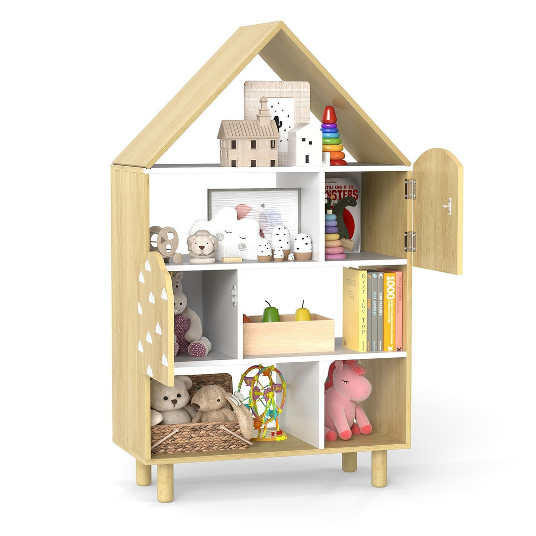 COSTWAY Kinderregal in Hausform, Bücherregal Kinder mit 2 Türen &amp; massiven Holzbeine, 4 Ebenen Spiel