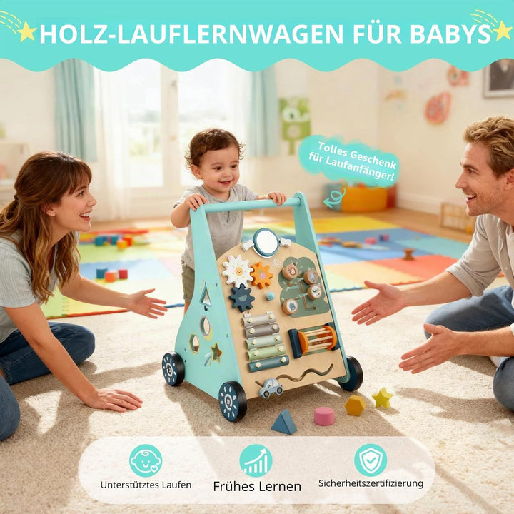 Baby Lauflernwagen aus Holz - Multifunktionale Lauflernhilfe mit Motorikspielzeug - Montessori Lerns