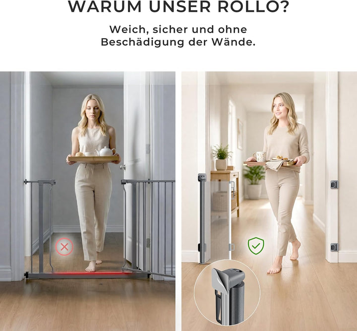 Allyson® Treppen- & Türschutzgitter ohne Bohren, ausziehbar 140 cm, Grau | 2-in-1-Montage: Klebepads
