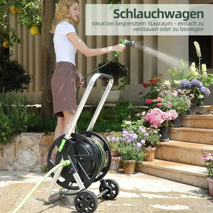Schlauchwagen Metall, Fahrbare GartenSchlauchtrommel für 32-60m 1/2" Schlauch, mit Rädern, Verstellb