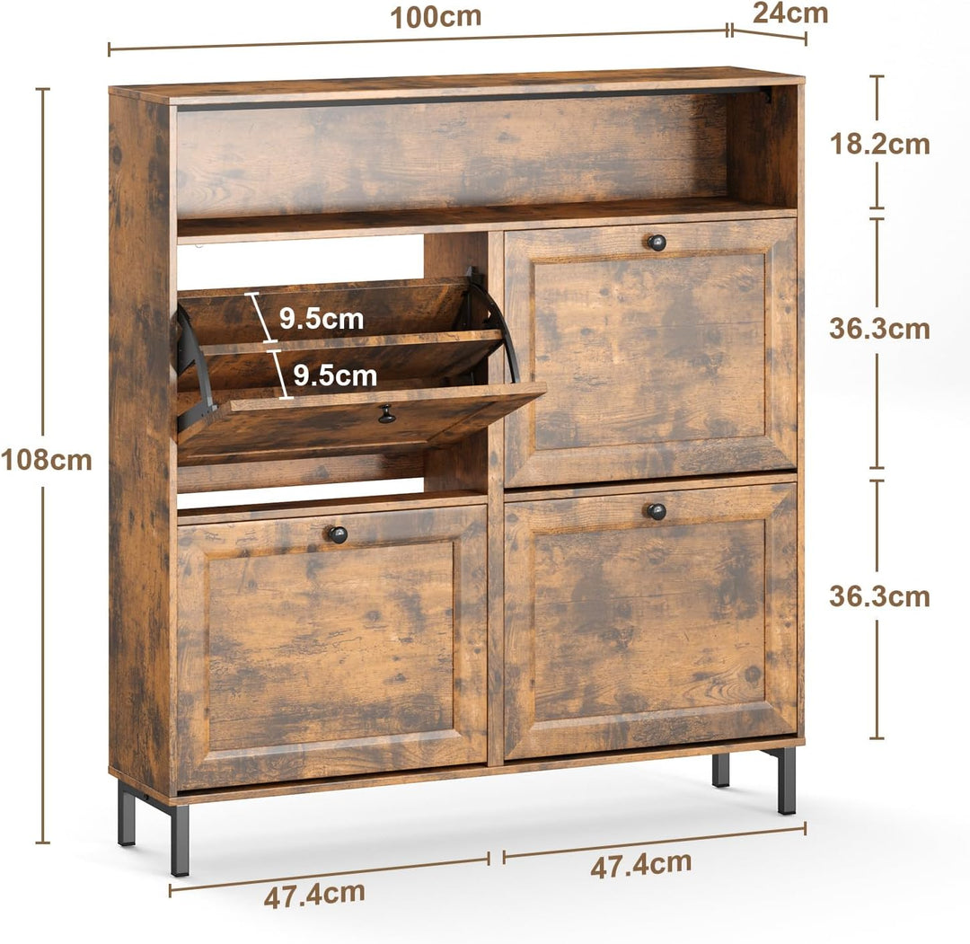 Schuhschrank mit 4 Klappen, Schuhablage Schuhschrank schmal Schuhregal mit offenen Ablagefächern, ve