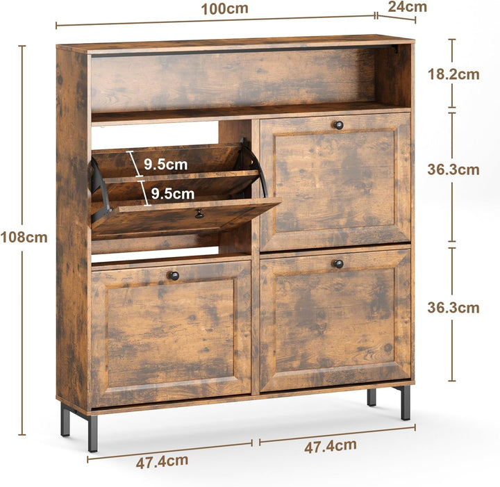 Schuhschrank mit 4 Klappen, Schuhablage Schuhschrank schmal Schuhregal mit offenen Ablagefächern, ve
