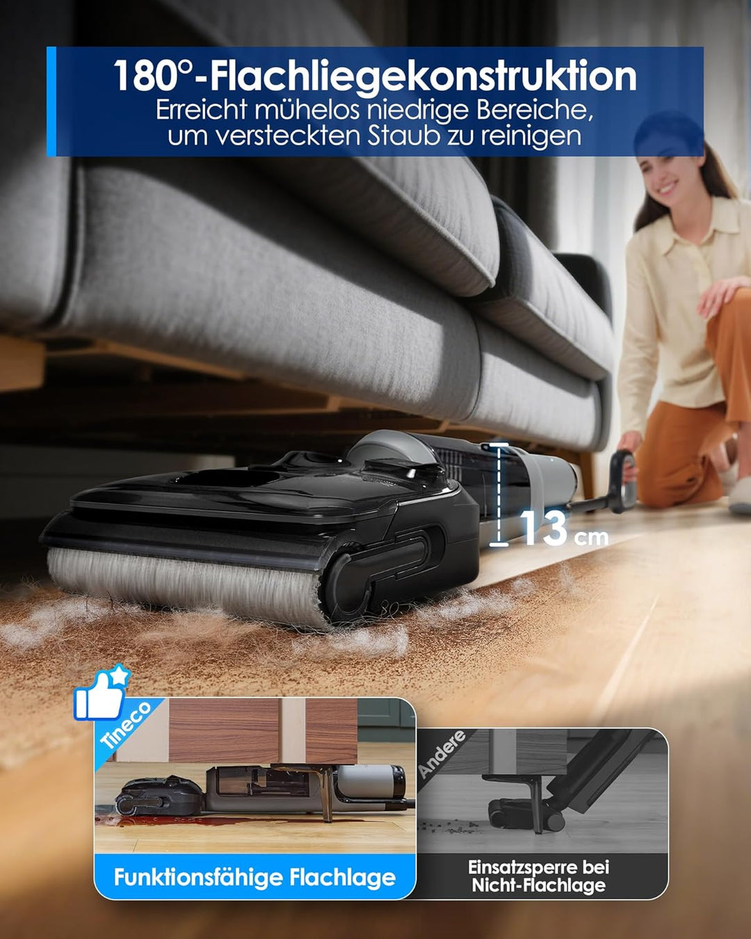 Tineco FLOOR ONE i5 Stretch Nass Trockensauger, 2‑in‑1 Saugen & Wischen, 180° Lay-Flat Waschsauger,