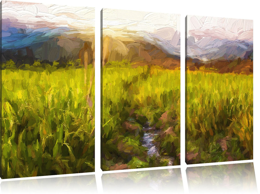 Pixxprint Reisfeld Plantage in Asien als Leinwandbild/Grösse: 3 Teilig (120x80 cm) cm/Wandbild/Kunst
