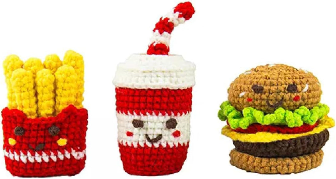 Mini Fast Food Häkelset - DIY Häkeltrio-Set für Anfänger | Burger, Pommes Frites & Drink Charaktere