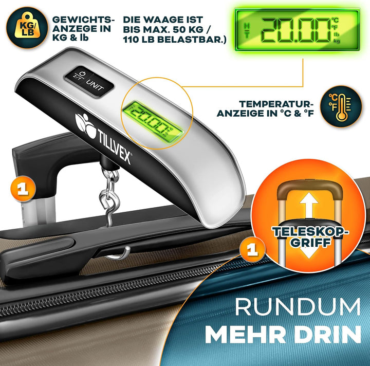 tillvex® Reisekoffer Set 3-TLG. + Gepäckwaage, 6X Koffergurte &amp; 3X Kofferanhänger | Kofferset 4 Roll