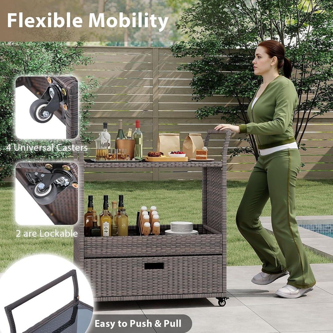 GIANTEX Servierwagen, Rollwagen mit Gehärteter Glasplatte, Ablagefach & Schublade, Küchenwagen Ratta
