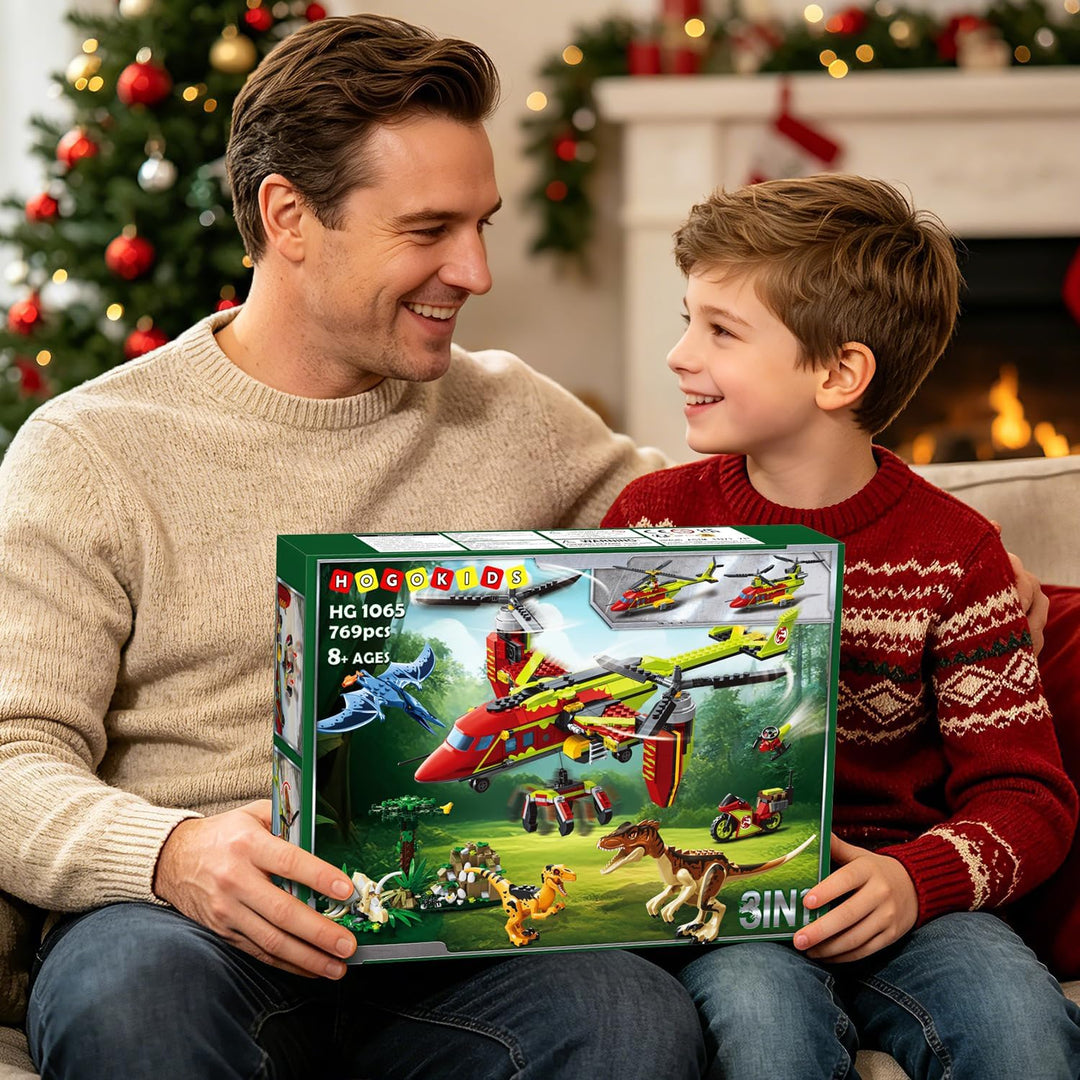 HOGOKIDS 3-in-1 Flugzeug-Bauset mit Dinosaurier, 769PCS Kipprotor-/Transporthubschrauber-/Doppelroto