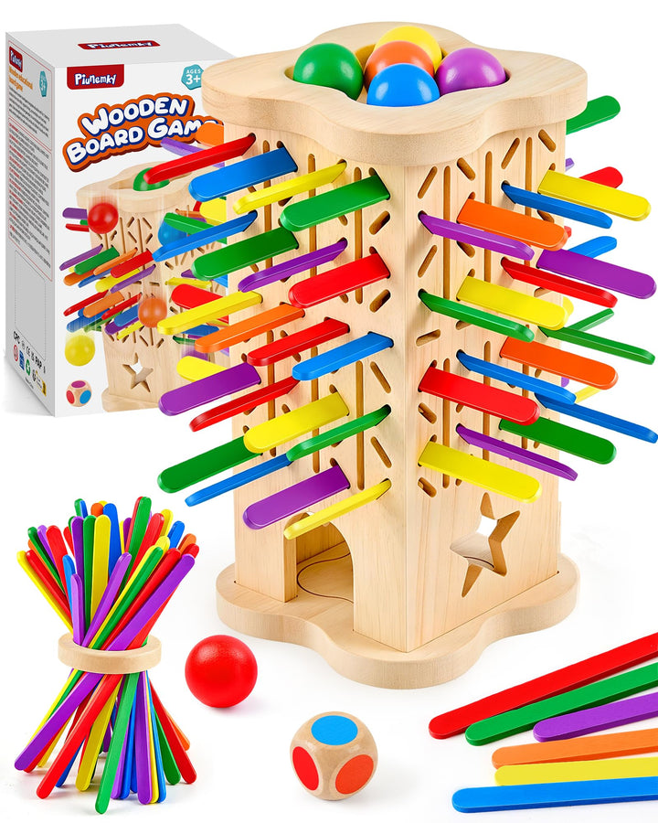 Montessori Holz Brettspiel ab 3–6 Jahre mit bunten Stäbchen & Ball | Holzspielzeug Kinder, Lernspiel