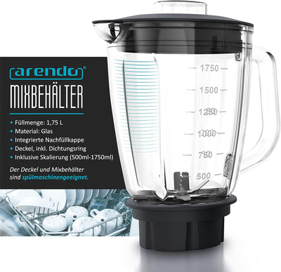Arendo - Standmixer 1400 W - Ice Crush Funktion - Glasbehälter 1,75 l - Edelstahl Mixer - Hochleistu