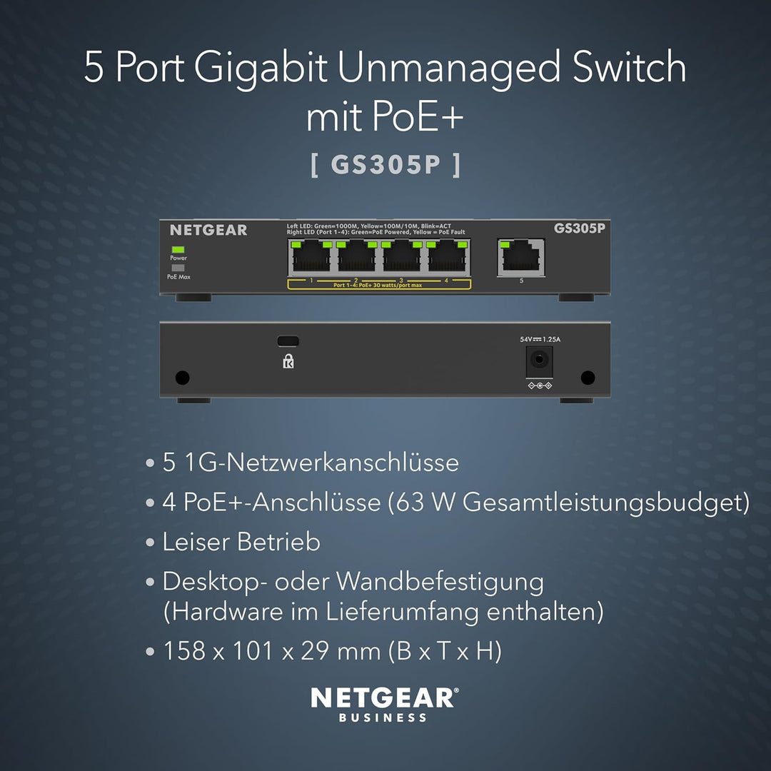 NETGEAR PoE Switch 5 Port Gigabit Ethernet LAN Switch PoE+ mit 4 Port bei 63 W (GS305P), Desktop- od