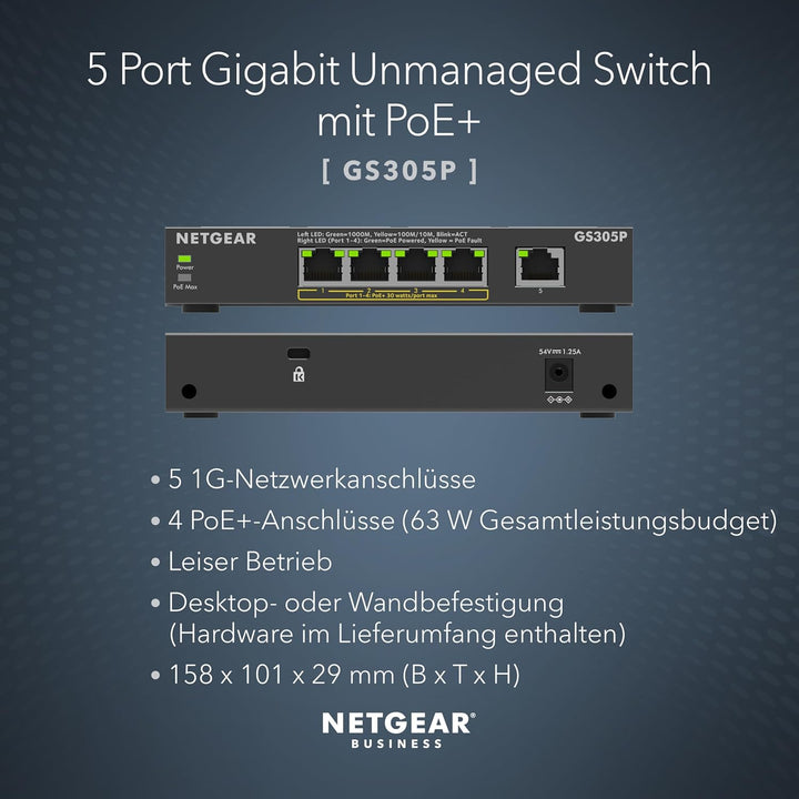 NETGEAR PoE Switch 5 Port Gigabit Ethernet LAN Switch PoE+ mit 4 Port bei 63 W (GS305P), Desktop- od