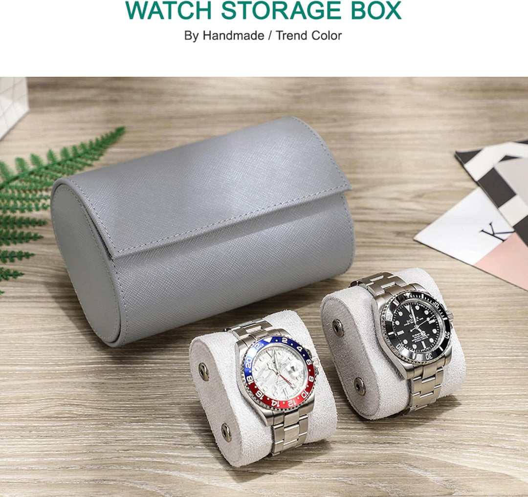 Hiram Uhrenkoffer aus echtem Leder für 2 Uhren, handgefertigt, echtes Saffiano-Leder, Reiseuhr, trag