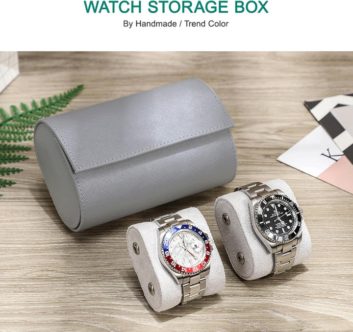 Hiram Uhrenkoffer aus echtem Leder für 2 Uhren, handgefertigt, echtes Saffiano-Leder, Reiseuhr, trag
