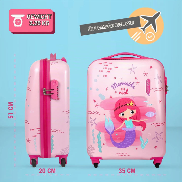 Meerjungrau Koffer Pink für Kleine Mädchen - Kinder Trolley Handgepäck 4 Rollen - Rosa Hartschalen C