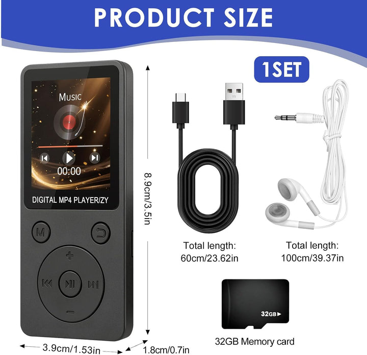 MP3 Player Bluetooth 5.0 32GB mit 1,8" TFT Farbdisplay, Kopfhörer | Bildschirm Musik Player HiFi mit