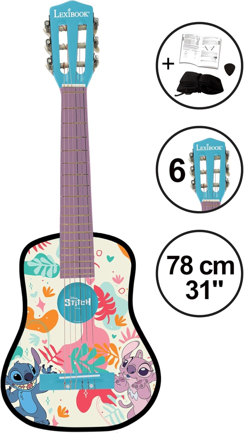 Lexibook, Disney Stitch, Meine erste Akustikgitarre aus Holz, 6 Nylonsaiten, 78 cm (30"), Lernanleit