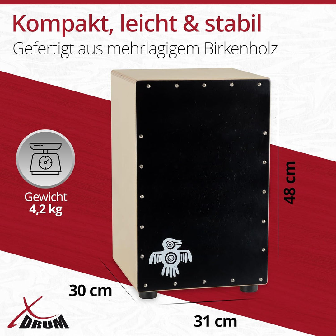 XDrum Cajon Peruana Black Wood (3 mm Schlagplatte, 9 mm Birkenkorpus, 48 cm hoch, inkl. Rucksack-Tas