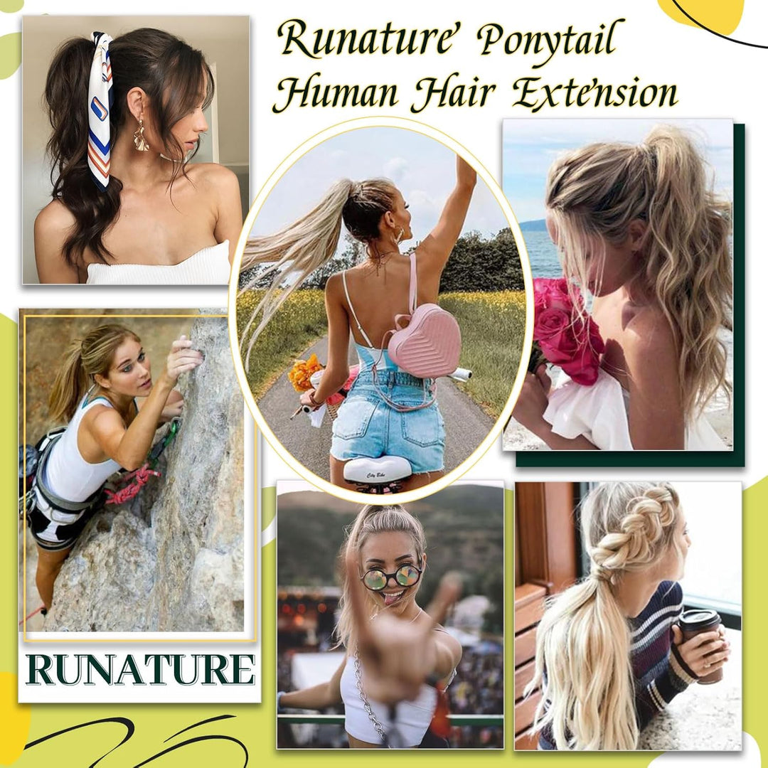 RUNATURE Blond Extensions Echthaar Zopf Highlights 45cm Unsichtbar Pferdeschwanz Ponytail Extensions