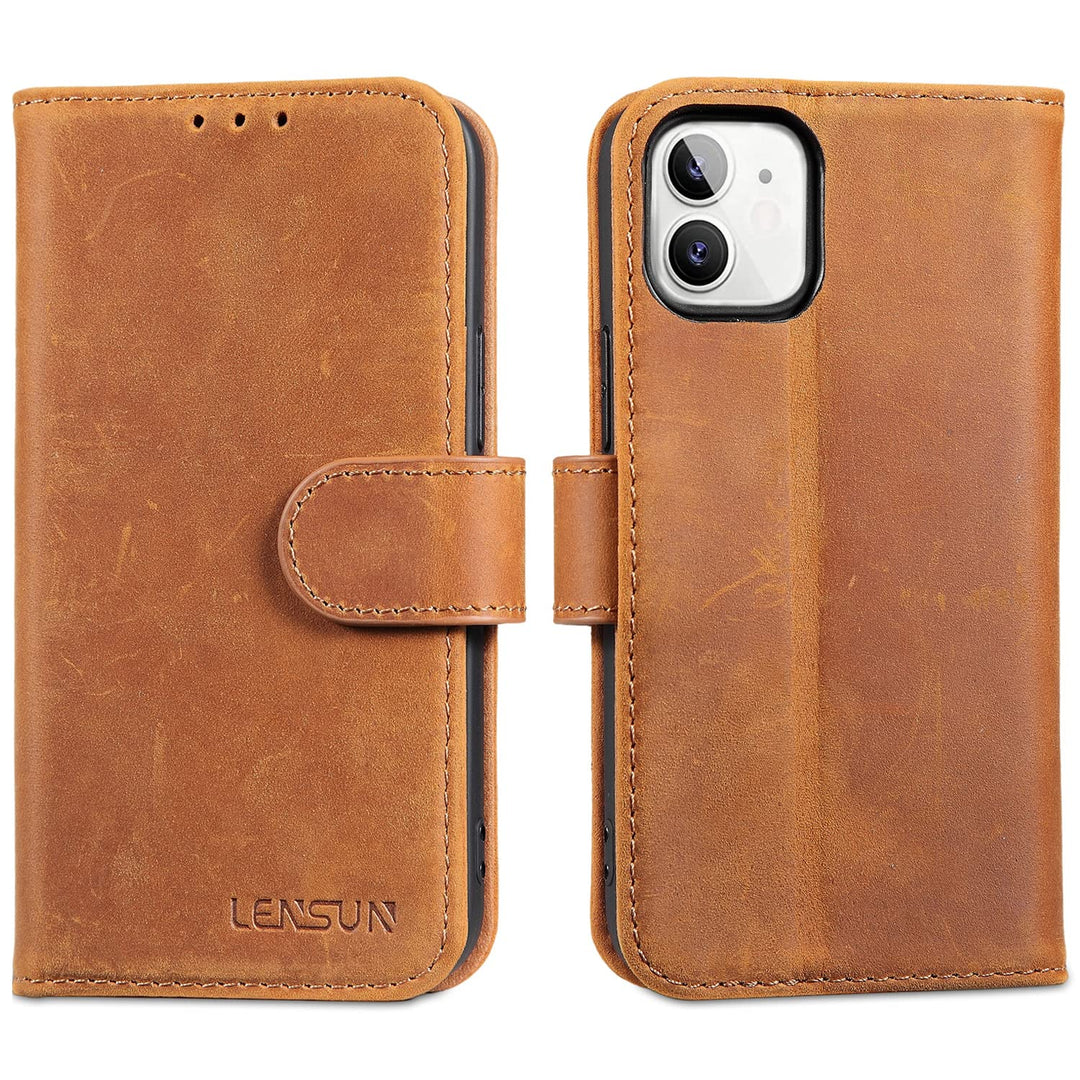 LENSUN Echtleder Hülle für iPhone 12 Mini, Handyhülle [Echtes Leder][Magnetverschluss][RFID Schutz]