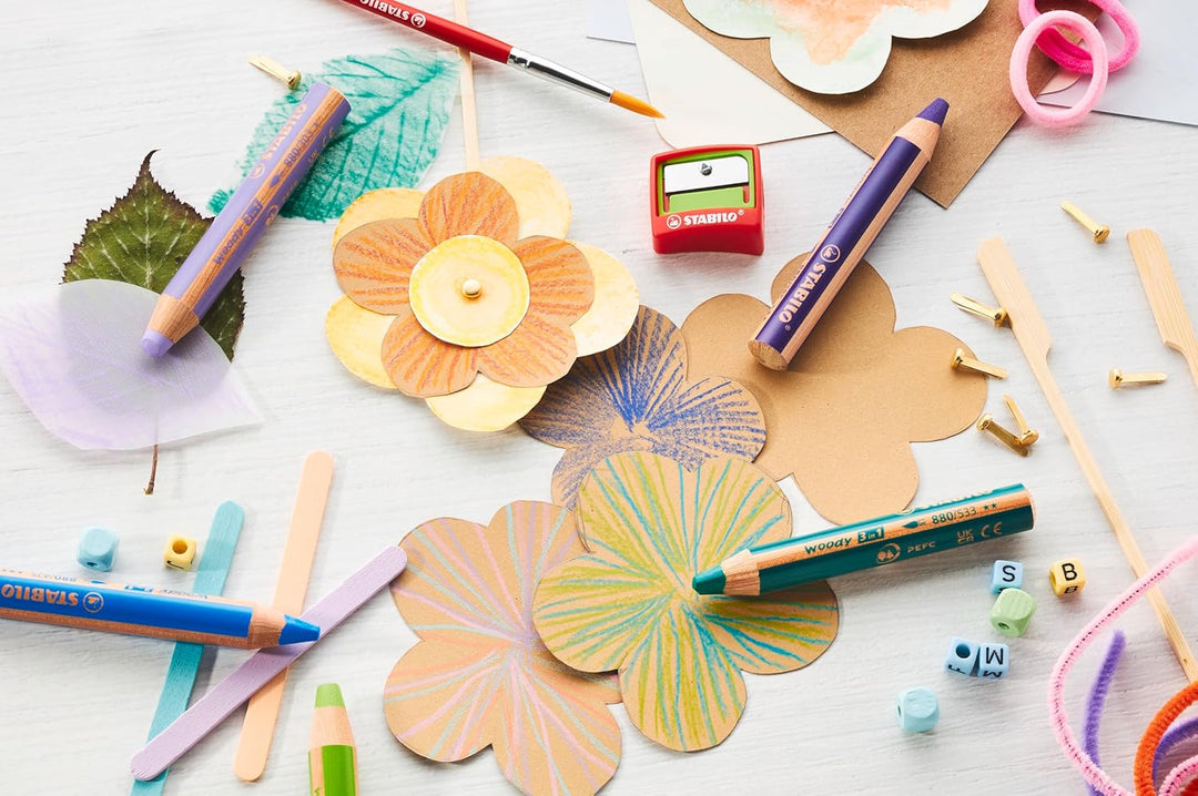 Buntstift, Wasserfarbe & Wachsmalkreide - STABILO woody 3 in 1 - 18er Pack mit Spitzer - mit 18 vers